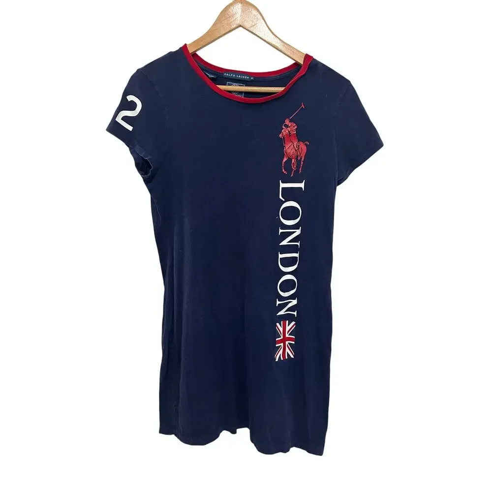 Lauren Ralph Lauren Crewneck Short Sleeve London Tee Shirt Dress Navy Red Size M - Picture 2 of 7